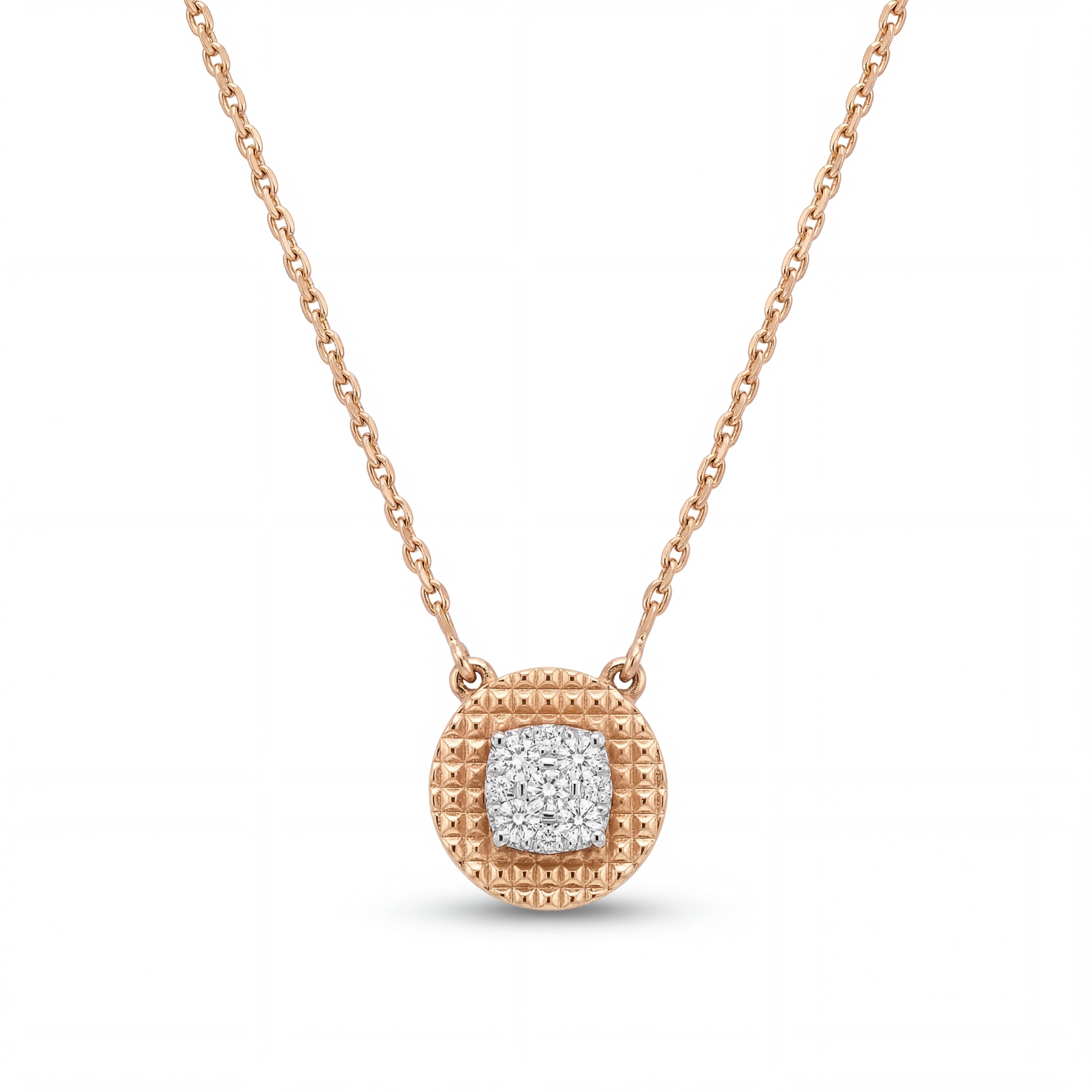 Elegant 18K rose gold textured diamond disc pendant necklace featuring circular engraved pendant with square cluster diamonds at center by Pachchigar Jewellers Ashokbhai