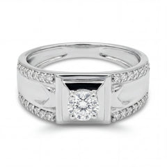 Elegant 18K white gold diamond gents statement ring featuring round center diamond with pavé diamond channel detailing by Pachchigar Jewellers Ashokbhai