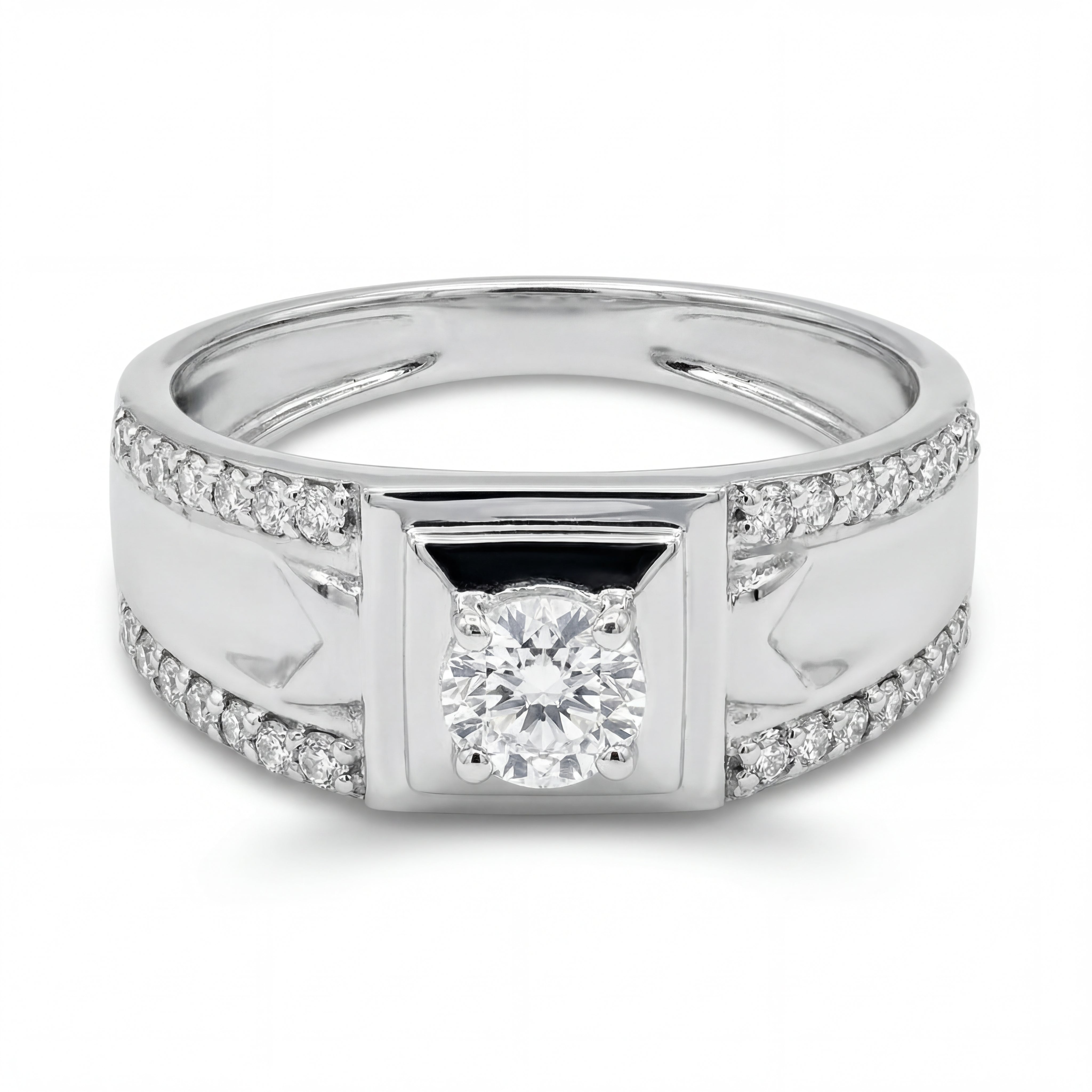 Elegant 18K white gold diamond gents statement ring featuring round center diamond with pavé diamond channel detailing by Pachchigar Jewellers Ashokbhai