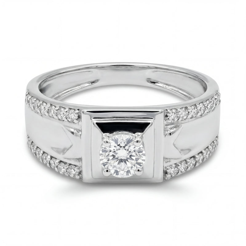 Elegant 18K white gold diamond gents statement ring featuring round center diamond with pavé diamond channel detailing by Pachchigar Jewellers Ashokbhai