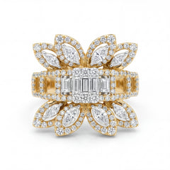 Elegant 18K yellow gold diamond floral bow statement ring featuring baguette and marquise cut diamonds with pavé halo detailing by Pachchigar Jewellers Ashokbhai