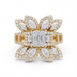 Elegant 18K yellow gold diamond floral bow statement ring featuring baguette and marquise cut diamonds with pavé halo detailing by Pachchigar Jewellers Ashokbhai