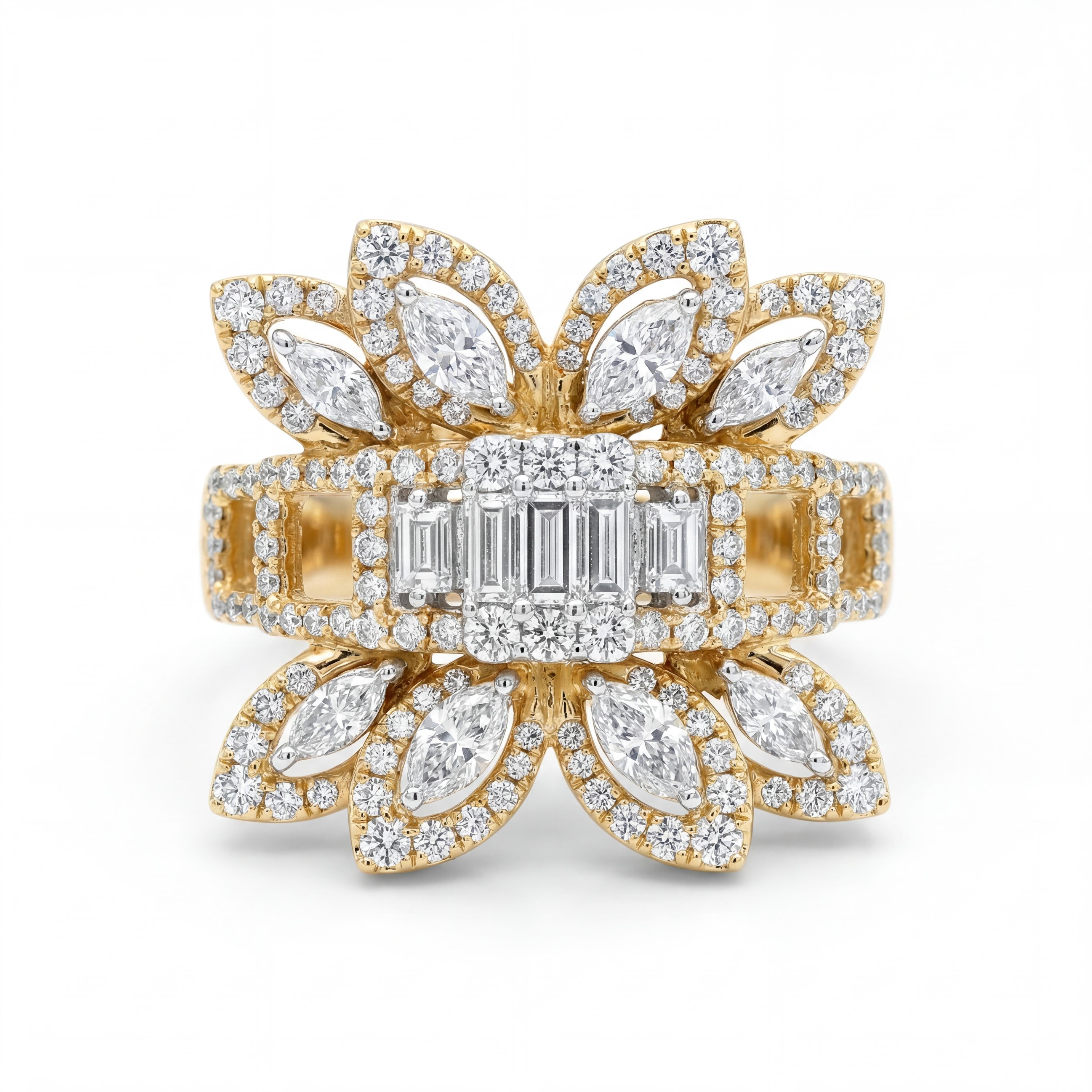 Elegant 18K yellow gold diamond floral bow statement ring featuring baguette and marquise cut diamonds with pavé halo detailing by Pachchigar Jewellers Ashokbhai