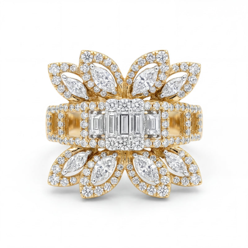 Elegant 18K yellow gold diamond floral bow statement ring featuring baguette and marquise cut diamonds with pavé halo detailing by Pachchigar Jewellers Ashokbhai