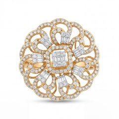 Elegant 18K yellow gold diamond floral filigree statement ring featuring baguette cut center cluster with pavé diamond openwork petal design by Pachchigar Jewellers Ashokbhai