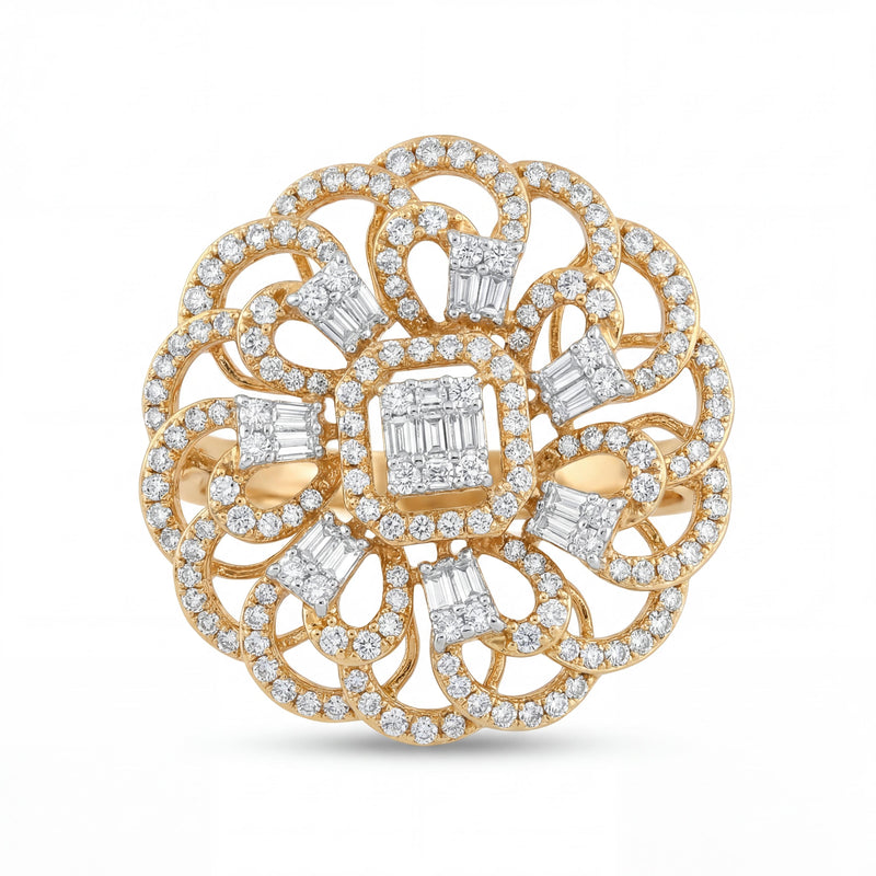 Elegant 18K yellow gold diamond floral filigree statement ring featuring baguette cut center cluster with pavé diamond openwork petal design by Pachchigar Jewellers Ashokbhai