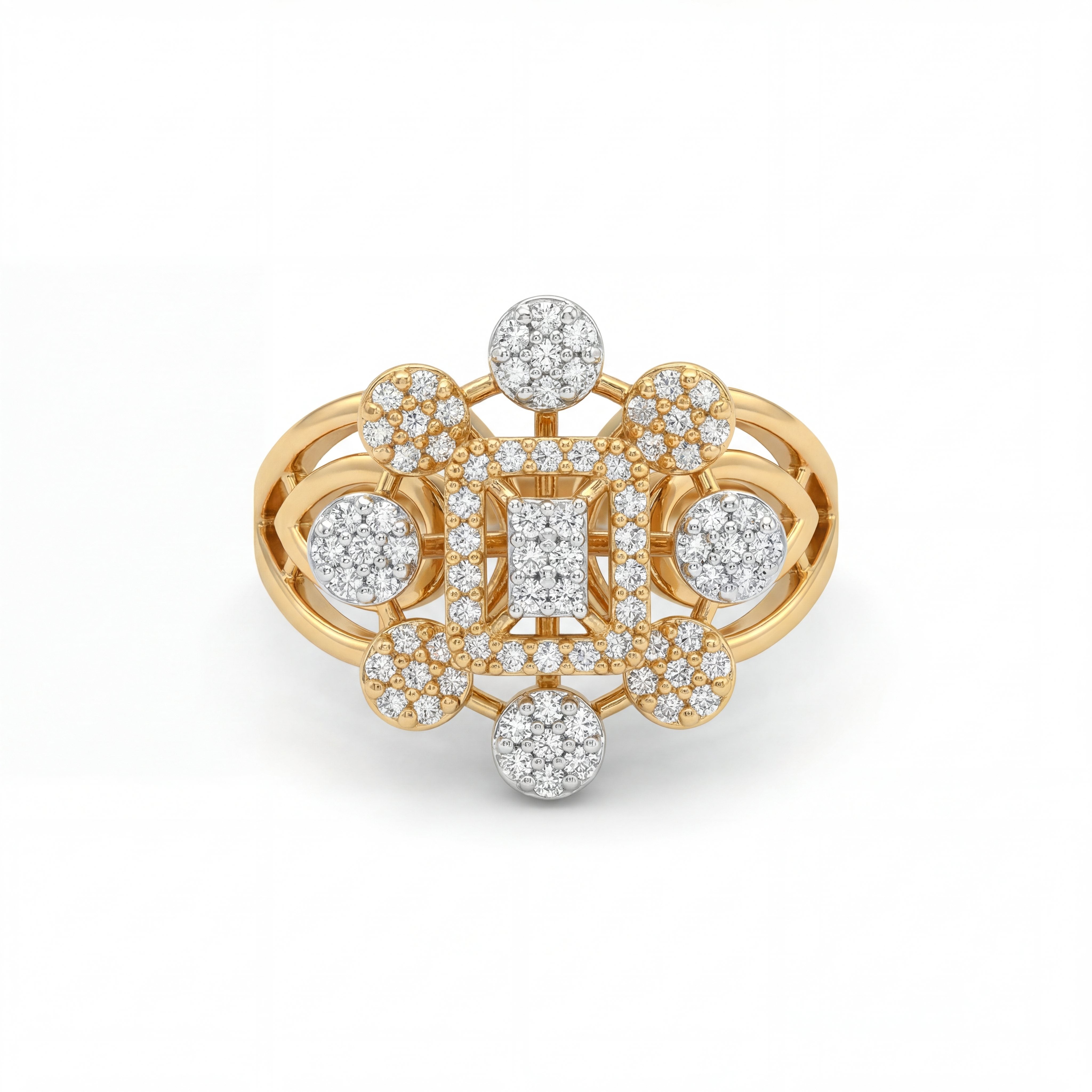 Elegant 18K yellow gold diamond floral geometric statement ring featuring rectangular center cluster and round diamond motifs by Pachchigar Jewellers Ashokbhai