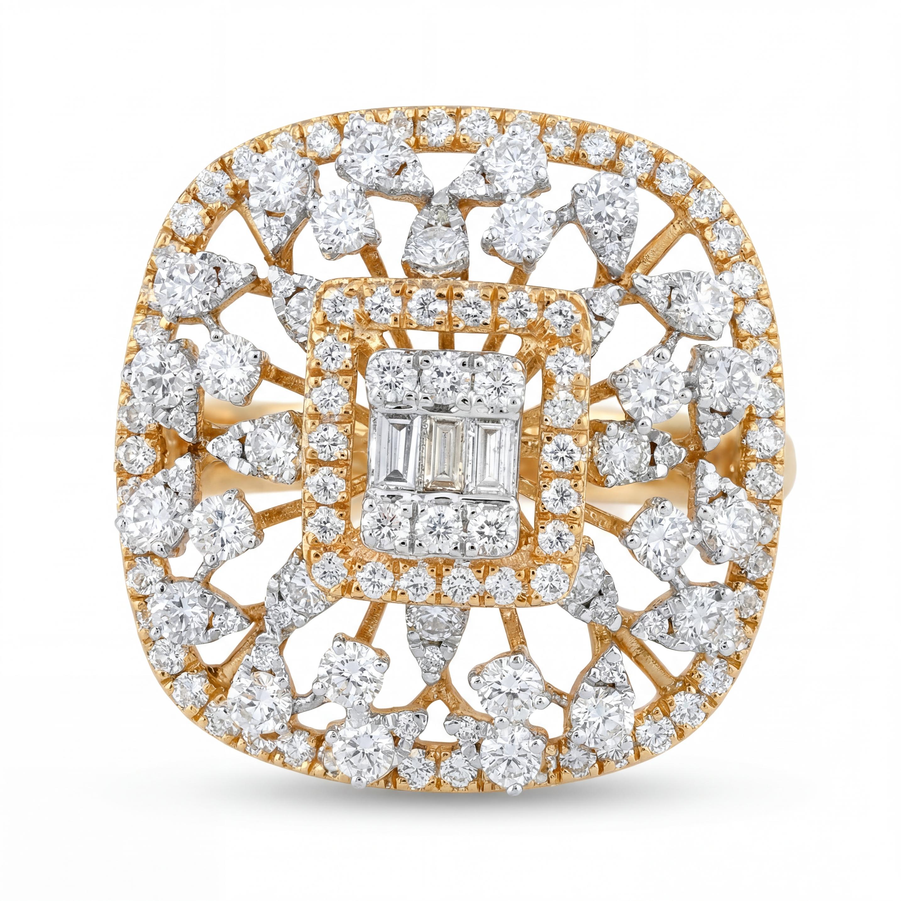 Elegant 18K yellow gold diamond floral lattice statement ring featuring baguette cut center cluster with round diamond halo and openwork floral design by Pachchigar Jewellers Ashokbhai