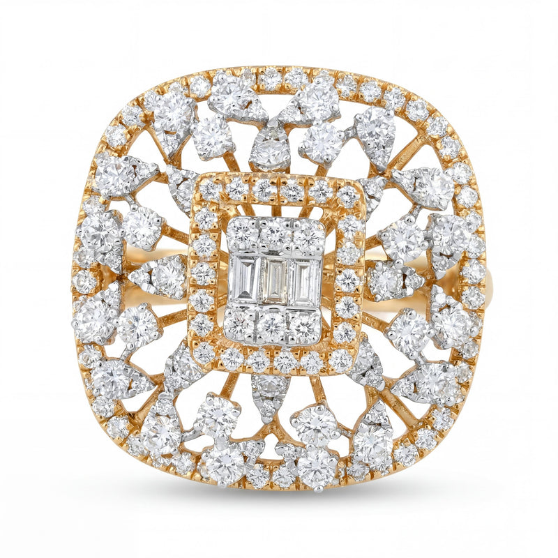 Elegant 18K yellow gold diamond floral lattice statement ring featuring baguette cut center cluster with round diamond halo and openwork floral design by Pachchigar Jewellers Ashokbhai