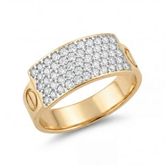 Elegant 18K yellow gold diamond gents pavé ring featuring curved rectangular top with multi row pavé diamond setting by Pachchigar Jewellers Ashokbhai