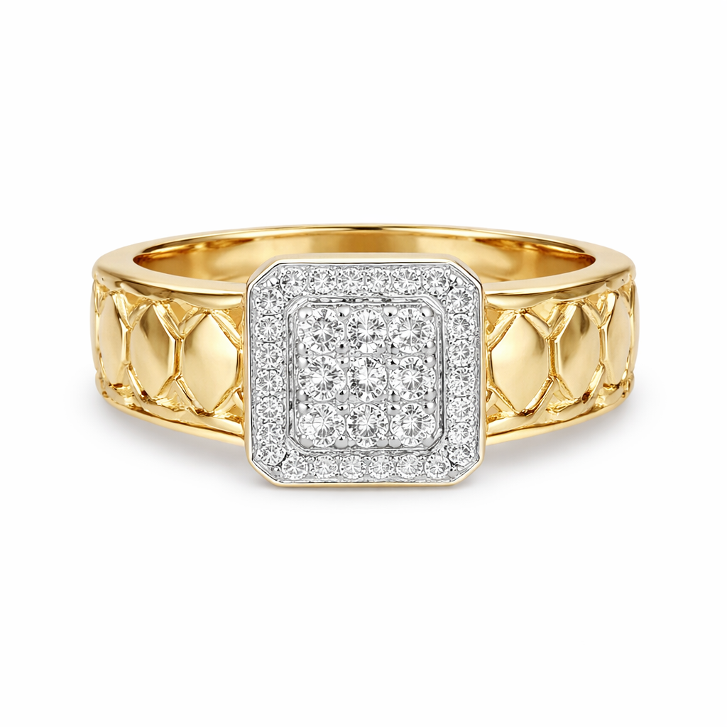 Elegant 18K yellow gold diamond gents square signet ring featuring pavé diamond center with halo frame and designer lattice side band by Pachchigar Jewellers Ashokbhai