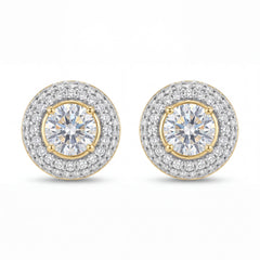 Elegant 18K yellow gold diamond halo stud earrings featuring brilliant round center stones surrounded by double rows of sparkling diamonds by Pachchigar Jewellers Ashokbhai