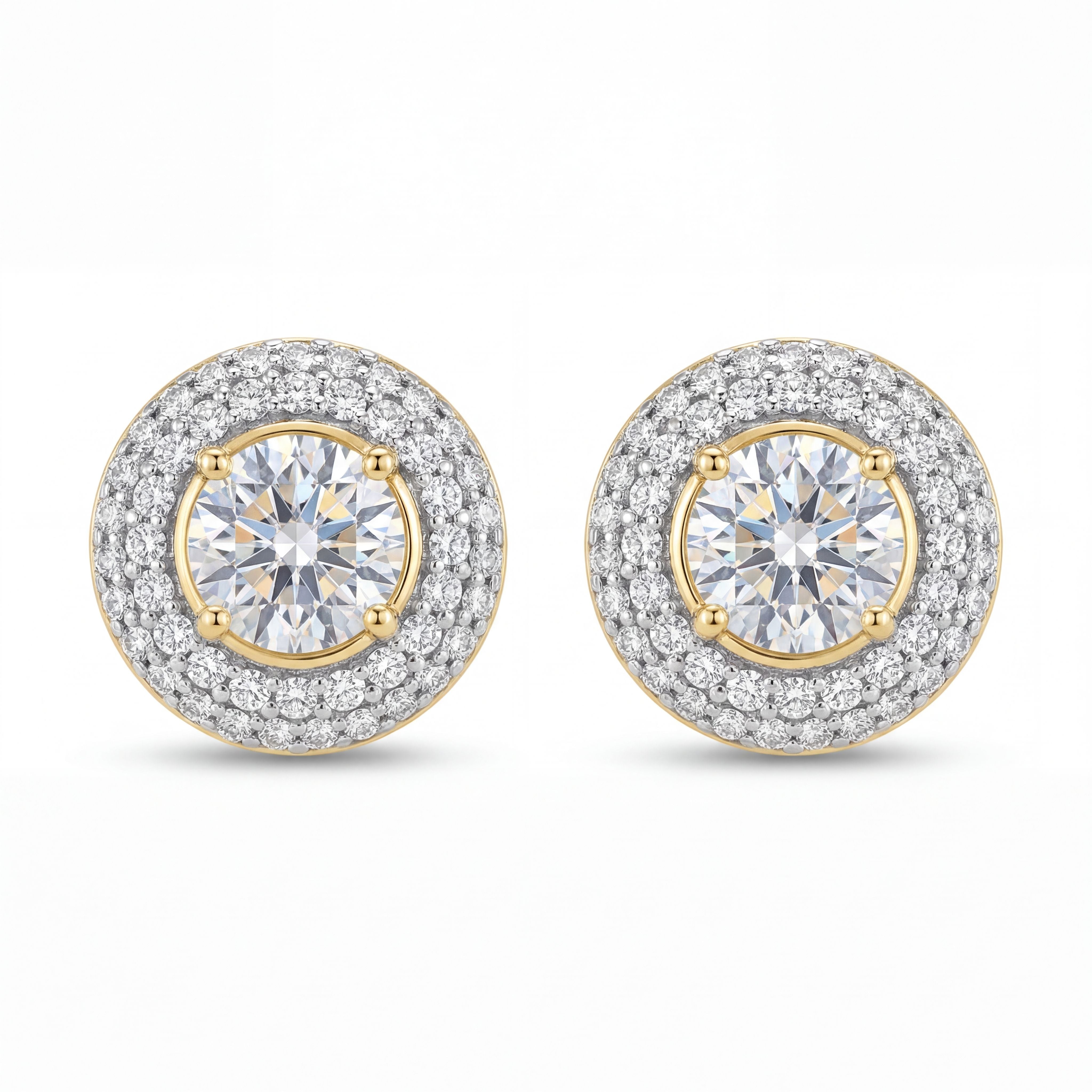 Elegant 18K yellow gold diamond halo stud earrings featuring brilliant round center stones surrounded by double rows of sparkling diamonds by Pachchigar Jewellers Ashokbhai