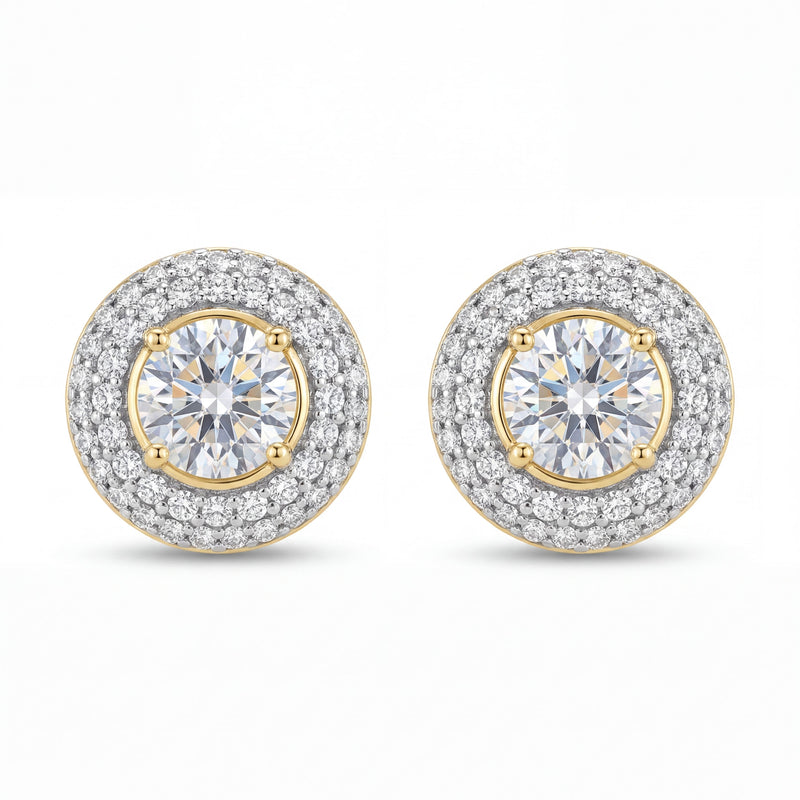 Elegant 18K yellow gold diamond halo stud earrings featuring brilliant round center stones surrounded by double rows of sparkling diamonds by Pachchigar Jewellers Ashokbhai