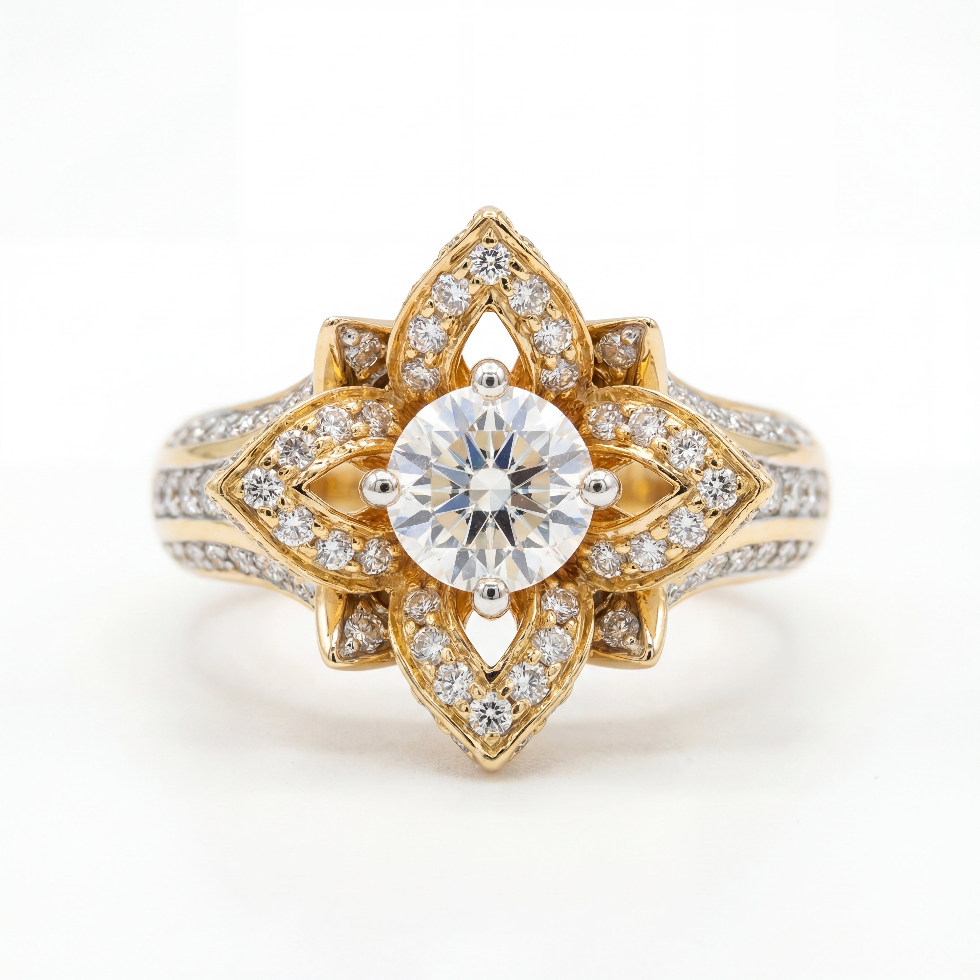 Elegant 18K yellow gold diamond lotus star halo ring featuring round center diamond with floral star motif and pavé diamond split band by Pachchigar Jewellers Ashokbhai