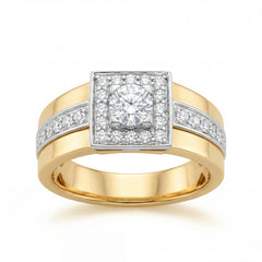 Luxurious 18K yellow gold diamond men’s classic statement ring featuring square diamond top with side diamond accents and bold polished band by Pachchigar Jewellers Ashokbhai