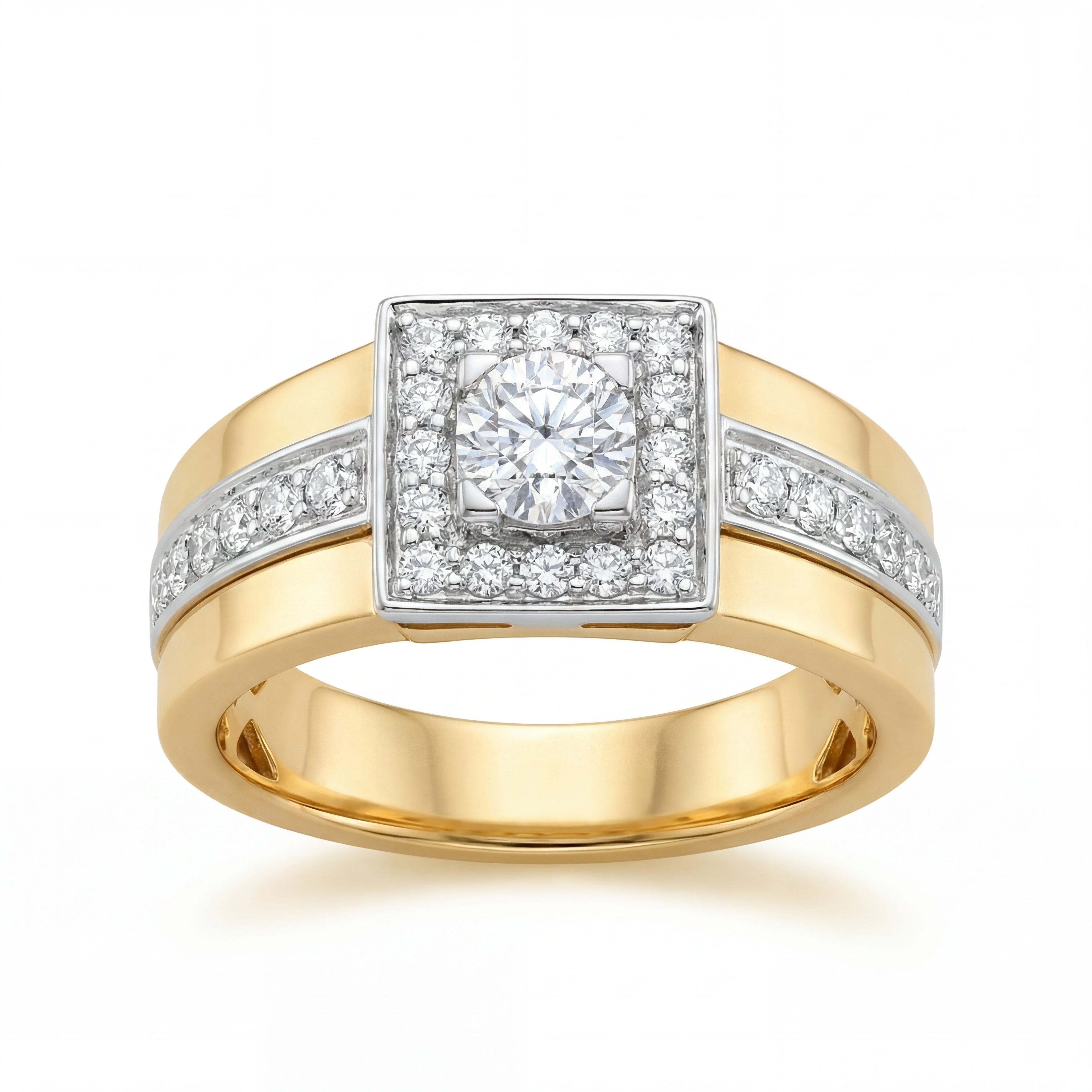 Luxurious 18K yellow gold diamond men’s classic statement ring featuring square diamond top with side diamond accents and bold polished band by Pachchigar Jewellers Ashokbhai