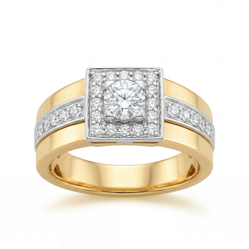 Luxurious 18K yellow gold diamond men’s classic statement ring featuring square diamond top with side diamond accents and bold polished band by Pachchigar Jewellers Ashokbhai
