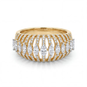 Elegant 18K yellow gold diamond openwork statement ring featuring marquise cut diamonds and pavé diamond ribbed band design by Pachchigar Jewellers Ashokbhai