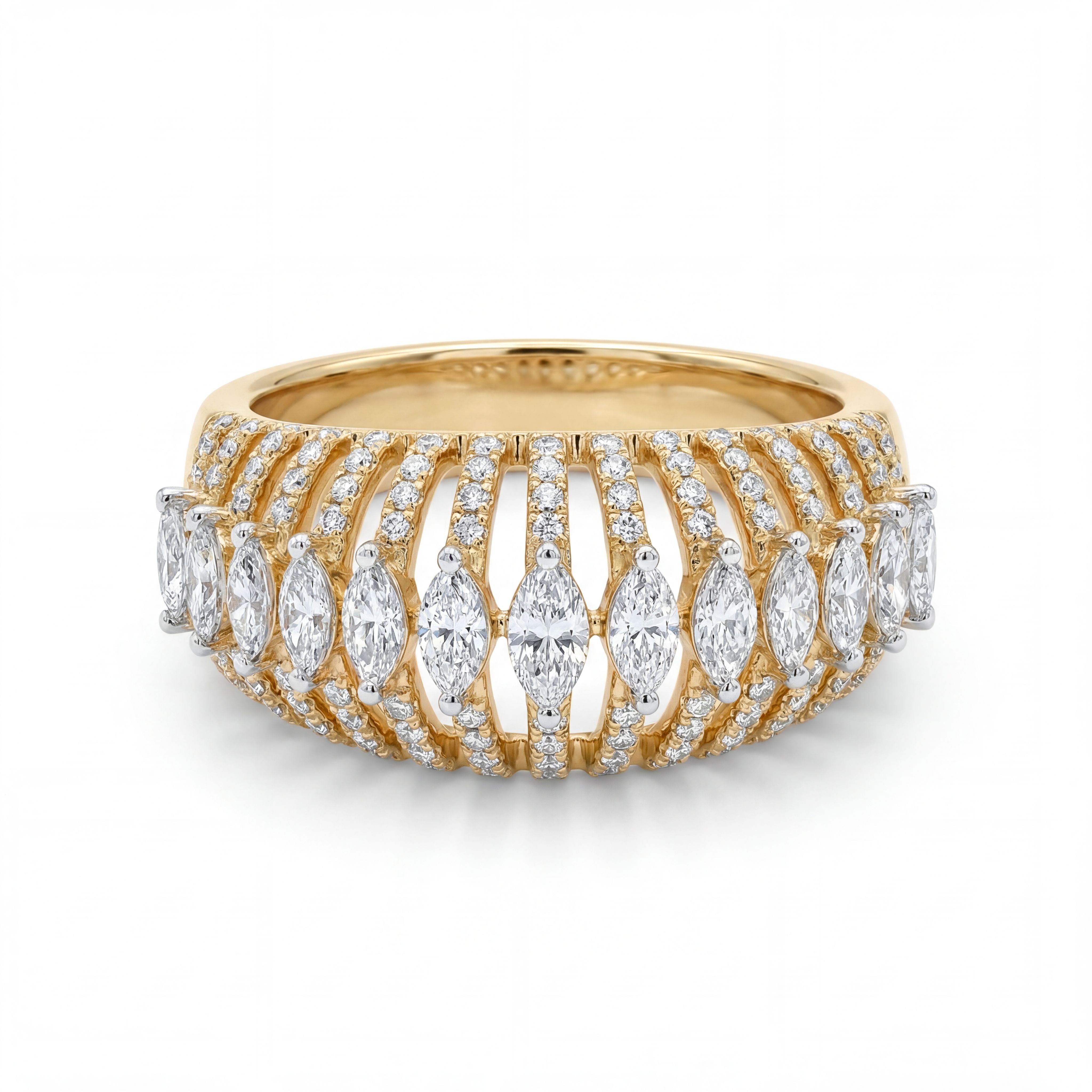 Elegant 18K yellow gold diamond openwork statement ring featuring marquise cut diamonds and pavé diamond ribbed band design by Pachchigar Jewellers Ashokbhai