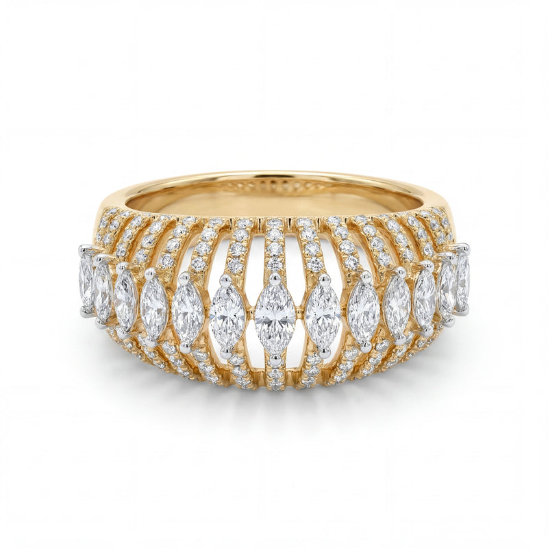 Elegant 18K yellow gold diamond openwork statement ring featuring marquise cut diamonds and pavé diamond ribbed band design by Pachchigar Jewellers Ashokbhai