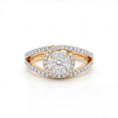 Elegant 18K yellow gold diamond split shank halo ring featuring round center diamond cluster with pavé diamond halo and band by Pachchigar Jewellers Ashokbhai