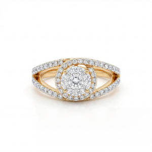 Elegant 18K yellow gold diamond split shank halo ring featuring round center diamond cluster with pavé diamond halo and band by Pachchigar Jewellers Ashokbhai