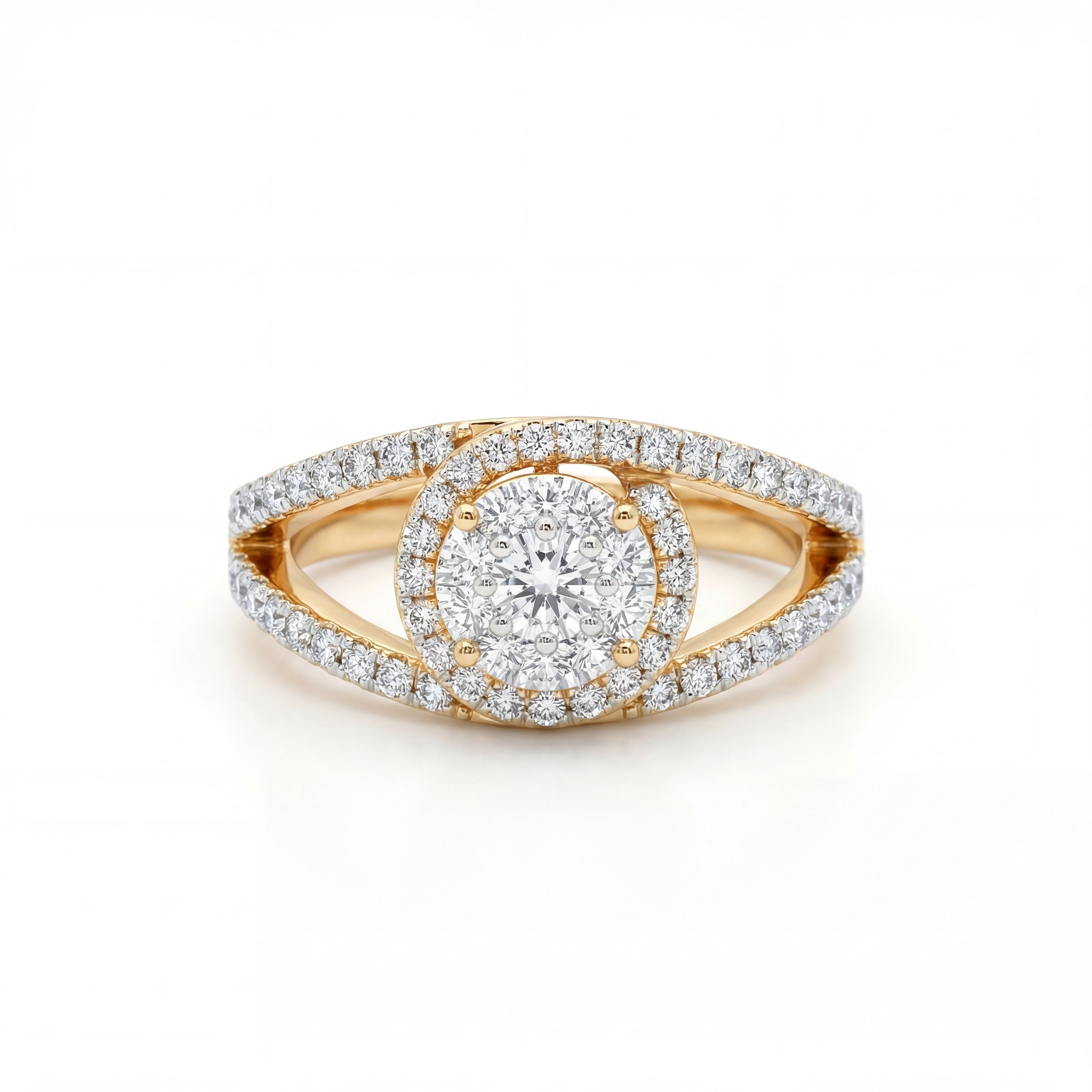 Elegant 18K yellow gold diamond split shank halo ring featuring round center diamond cluster with pavé diamond halo and band by Pachchigar Jewellers Ashokbhai