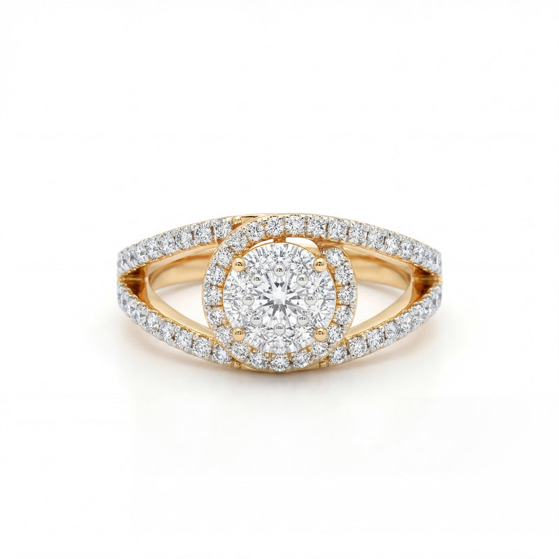 Elegant 18K yellow gold diamond split shank halo ring featuring round center diamond cluster with pavé diamond halo and band by Pachchigar Jewellers Ashokbhai