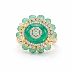 Elegant 18K yellow gold emerald diamond floral cocktail ring featuring oval cabochon emerald center with diamond halo and carved emerald bead petals by Pachchigar Jewellers Ashokbhai