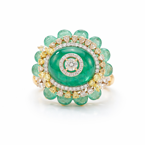 Elegant 18K yellow gold emerald diamond floral cocktail ring featuring oval cabochon emerald center with diamond halo and carved emerald bead petals by Pachchigar Jewellers Ashokbhai