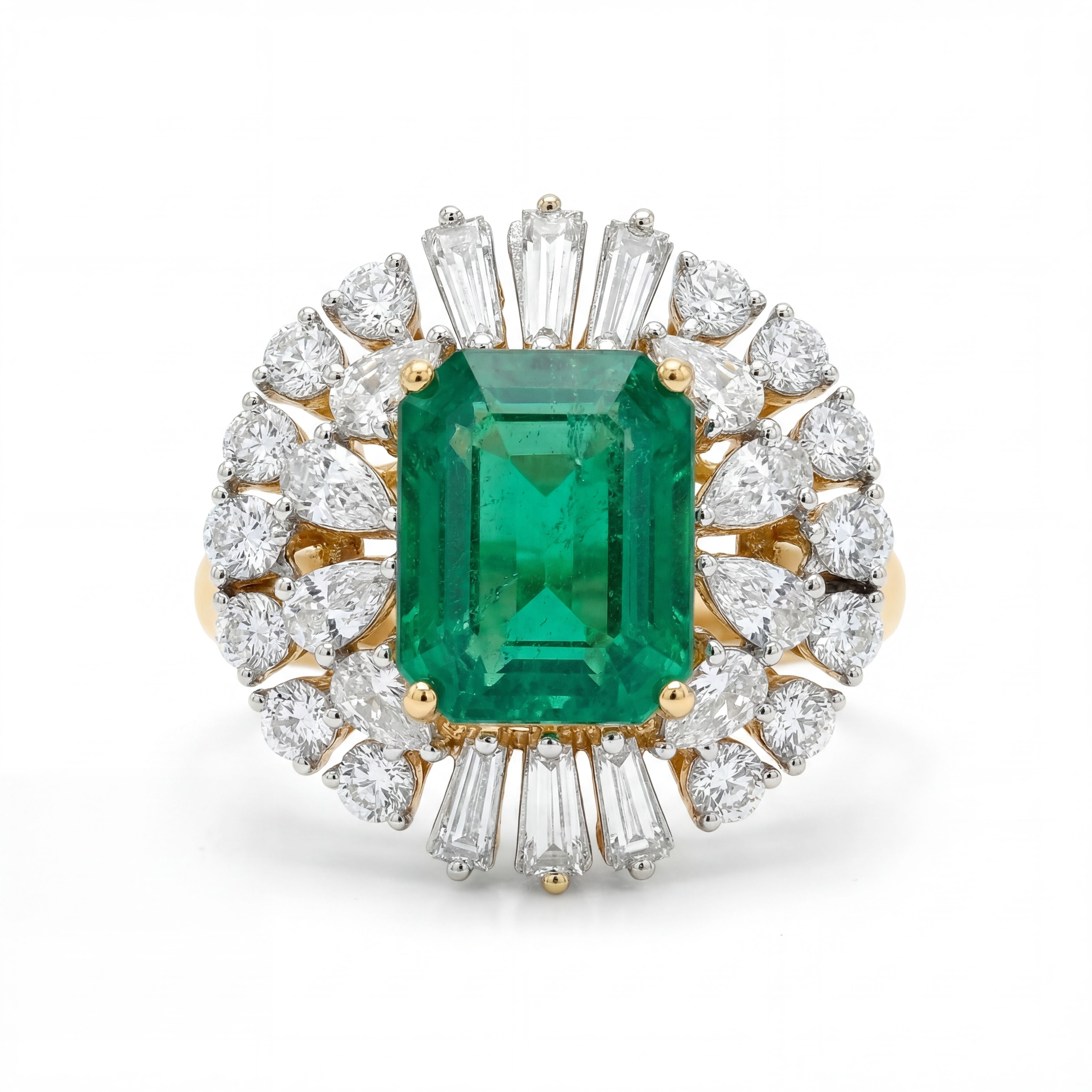 Elegant 18K yellow gold emerald diamond halo statement ring featuring emerald cut center emerald with pear and baguette cut diamond surround by Pachchigar Jewellers Ashokbhai