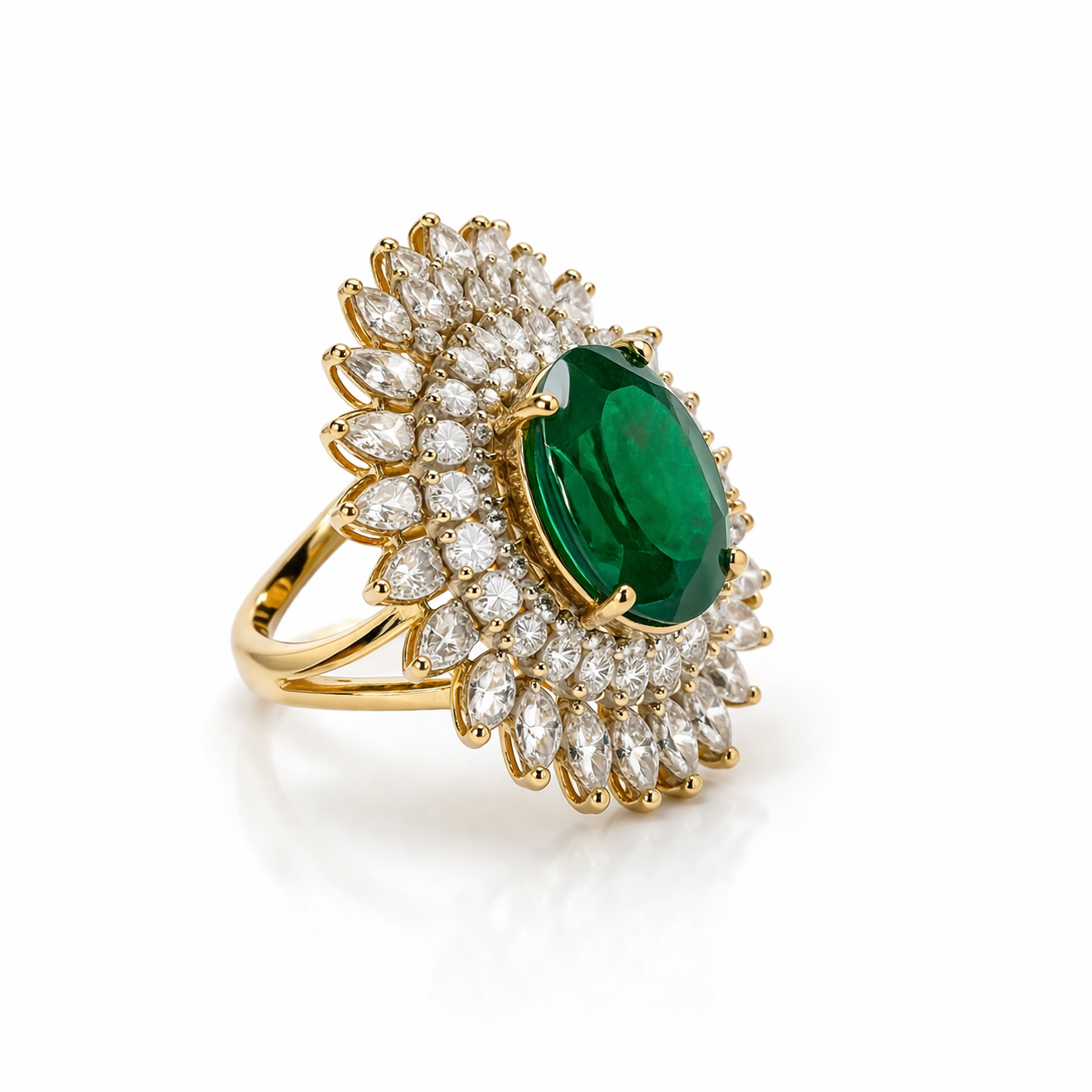 Elegant 18K yellow gold emerald diamond royal halo ring featuring oval emerald center stone with brilliant round and marquise diamond surround by Pachchigar Jewellers Ashokbhai