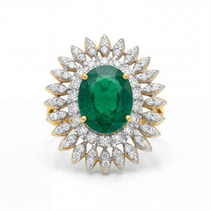 Luxurious 18K yellow gold emerald diamond sunburst statement ring featuring oval emerald center with round diamond halo and marquise diamond rays by Pachchigar Jewellers Ashokbhai