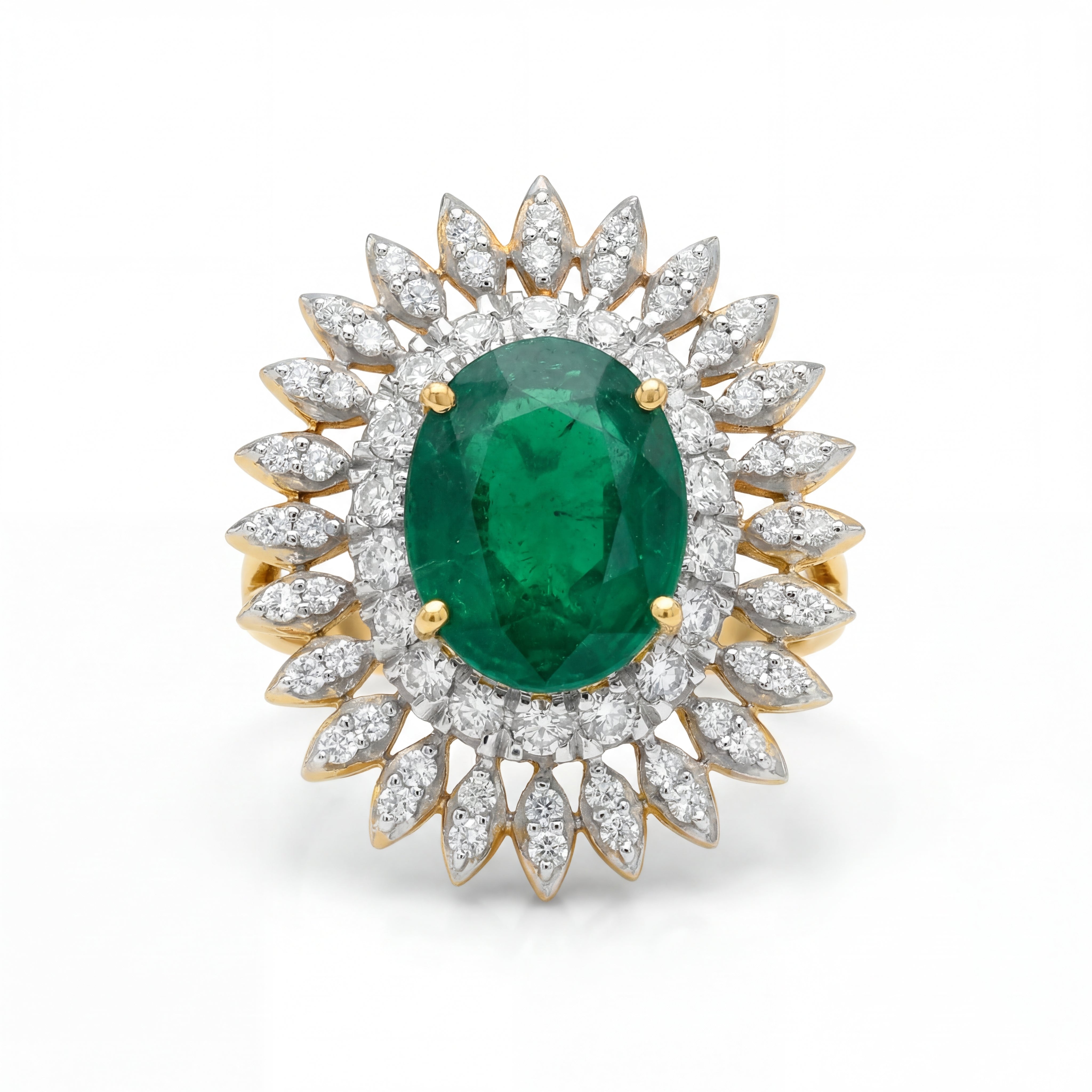 Luxurious 18K yellow gold emerald diamond sunburst statement ring featuring oval emerald center with round diamond halo and marquise diamond rays by Pachchigar Jewellers Ashokbhai