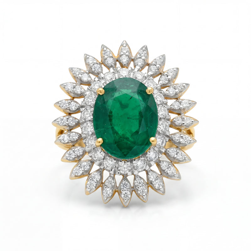 Luxurious 18K yellow gold emerald diamond sunburst statement ring featuring oval emerald center with round diamond halo and marquise diamond rays by Pachchigar Jewellers Ashokbhai