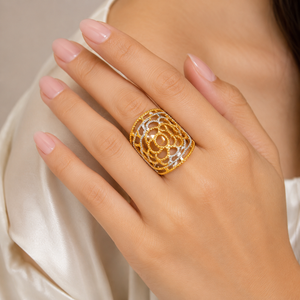 Elegant 18K yellow gold statement ring featuring an intricate floral filigree openwork design, dual-tone white gold accents, delicate beaded detailing, and a bold contemporary silhouette. Luxury designer gold ring by Pachchigar Jewellers.