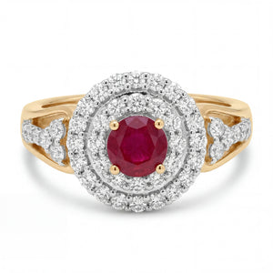 Elegant 18K yellow gold ruby diamond double halo ring featuring round center ruby with brilliant diamond halo and side diamond accents by Pachchigar Jewellers Ashokbhai