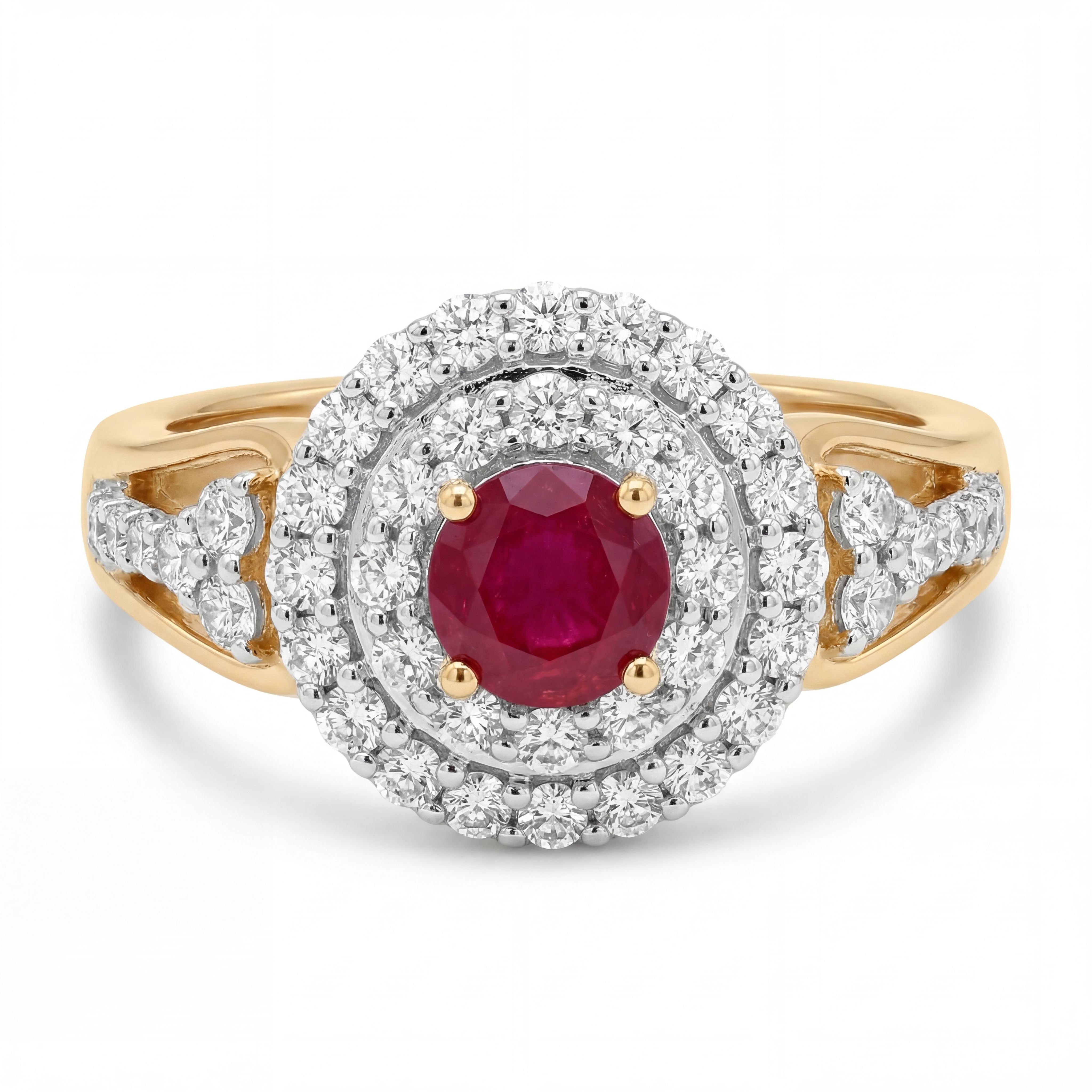 Elegant 18K yellow gold ruby diamond double halo ring featuring round center ruby with brilliant diamond halo and side diamond accents by Pachchigar Jewellers Ashokbhai