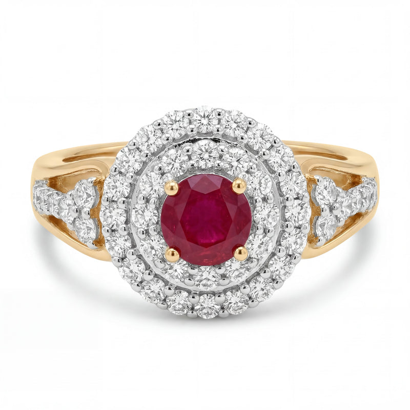 Elegant 18K yellow gold ruby diamond double halo ring featuring round center ruby with brilliant diamond halo and side diamond accents by Pachchigar Jewellers Ashokbhai