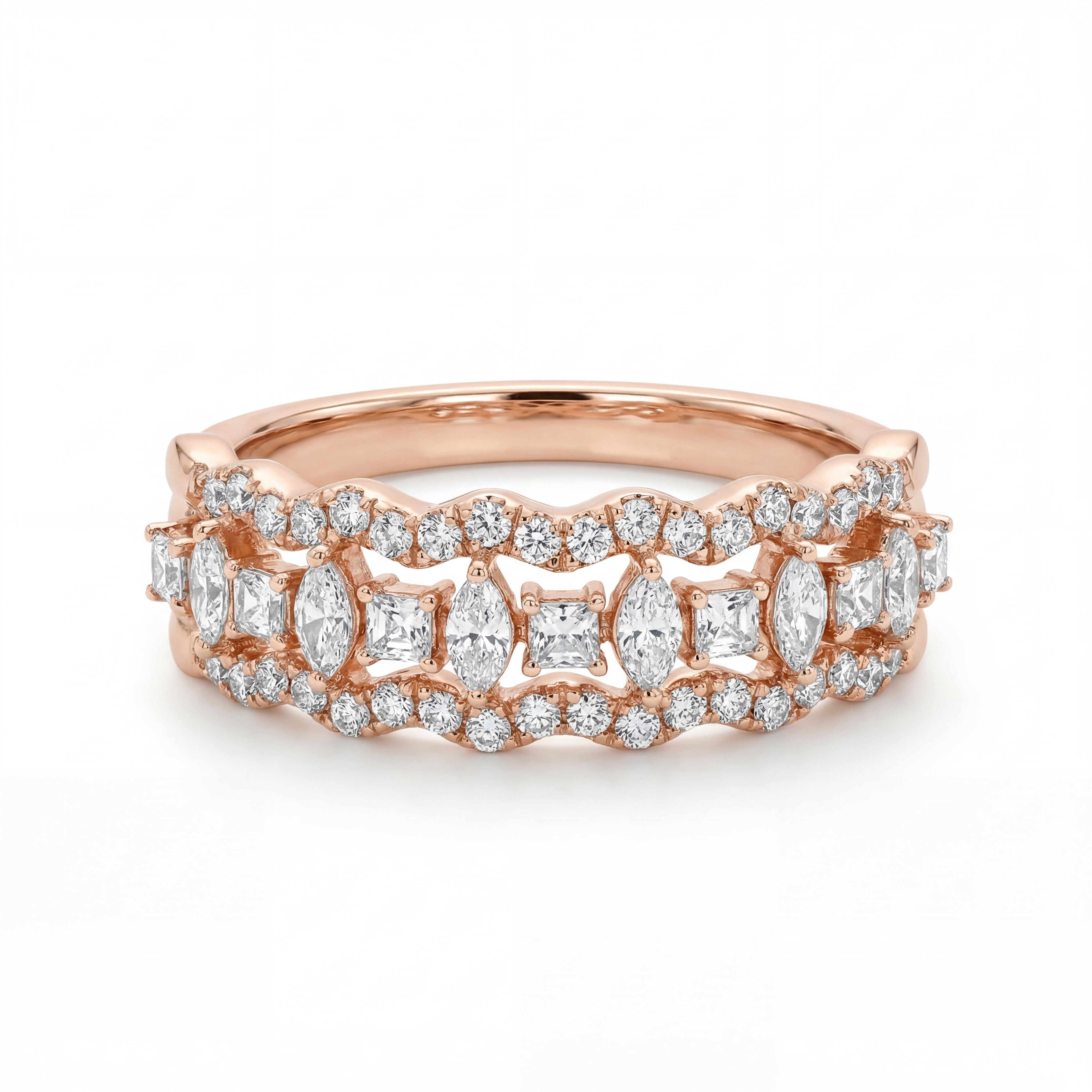 Elegant 18K rose gold diamond bridal ring band with round and marquise cut diamonds by Pachchigar Jewellers