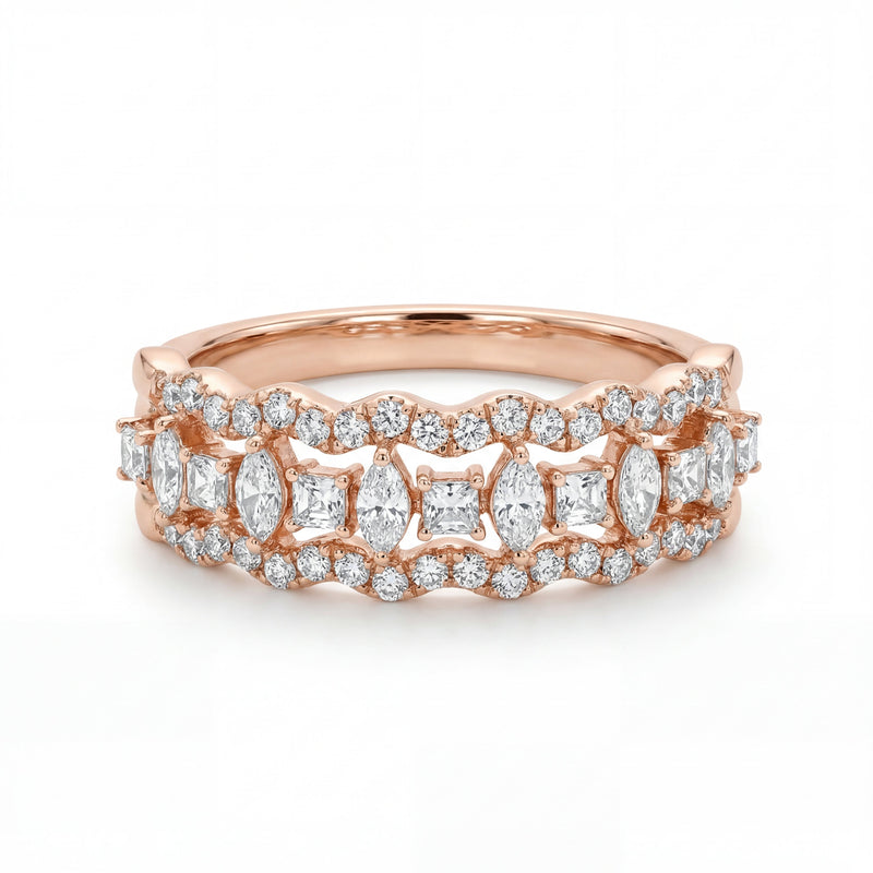 Elegant 18K rose gold diamond bridal ring band with round and marquise cut diamonds by Pachchigar Jewellers