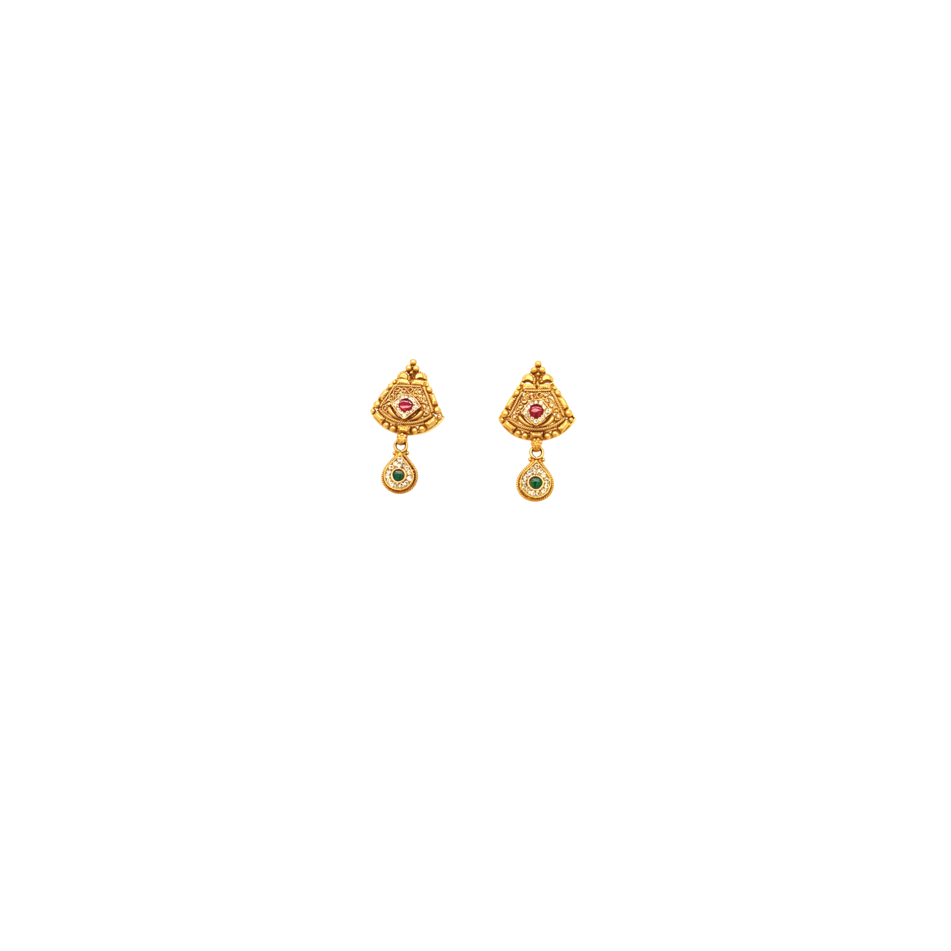 Traditional Gold Drop Earrings with Red & Green Stones