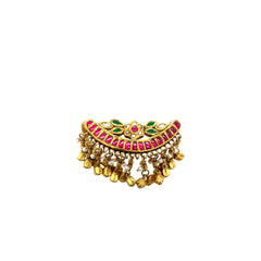 22KT Antique Gold Jadau Ring -Pink & Green Stone Work