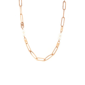 Designer Rose Gold Necklace  Elongated Links & Pearl Combo