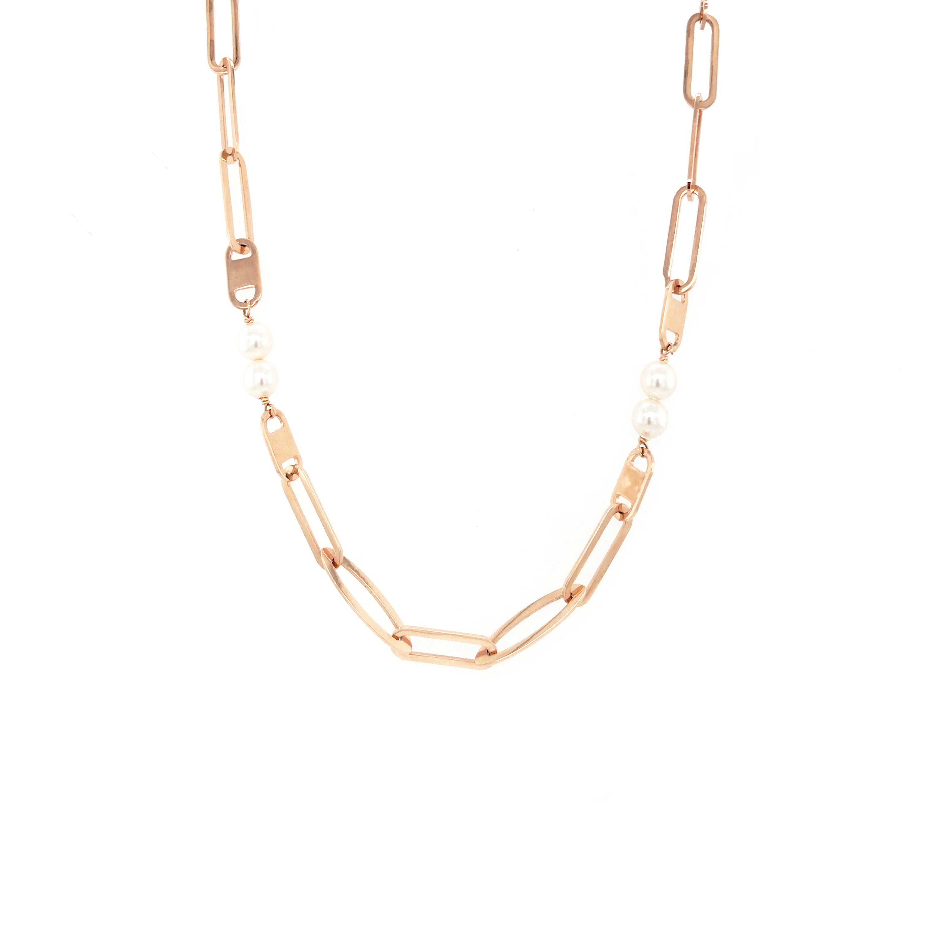 Designer Rose Gold Necklace  Elongated Links & Pearl Combo