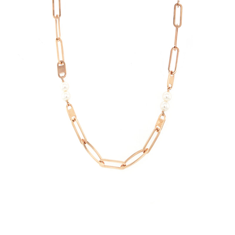 Designer Rose Gold Necklace  Elongated Links & Pearl Combo