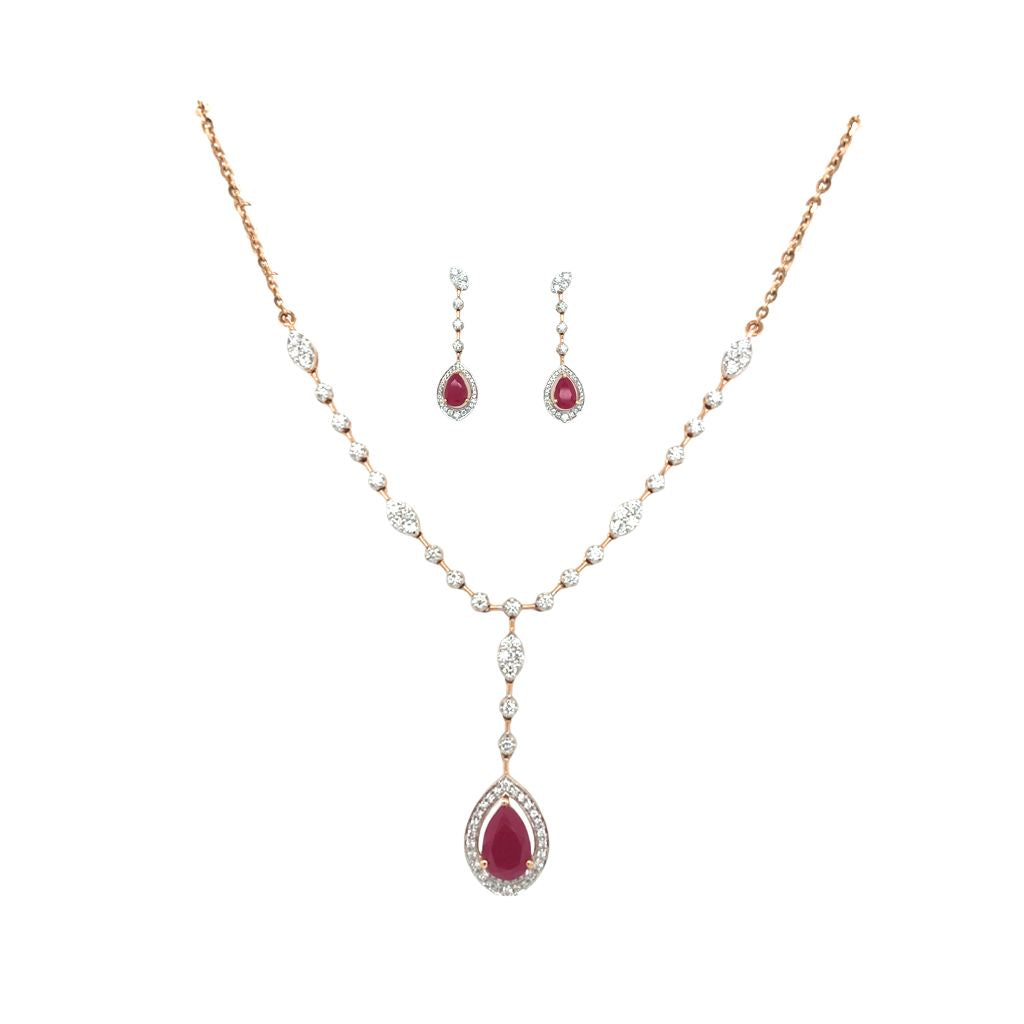 Red Stone & Diamond Necklace Set in Gold