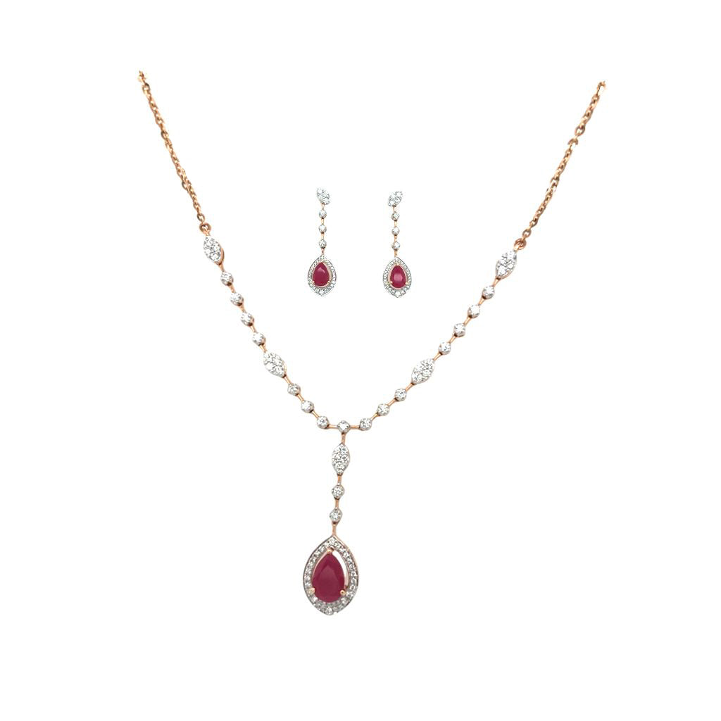 Red Stone & Diamond Necklace Set in Gold