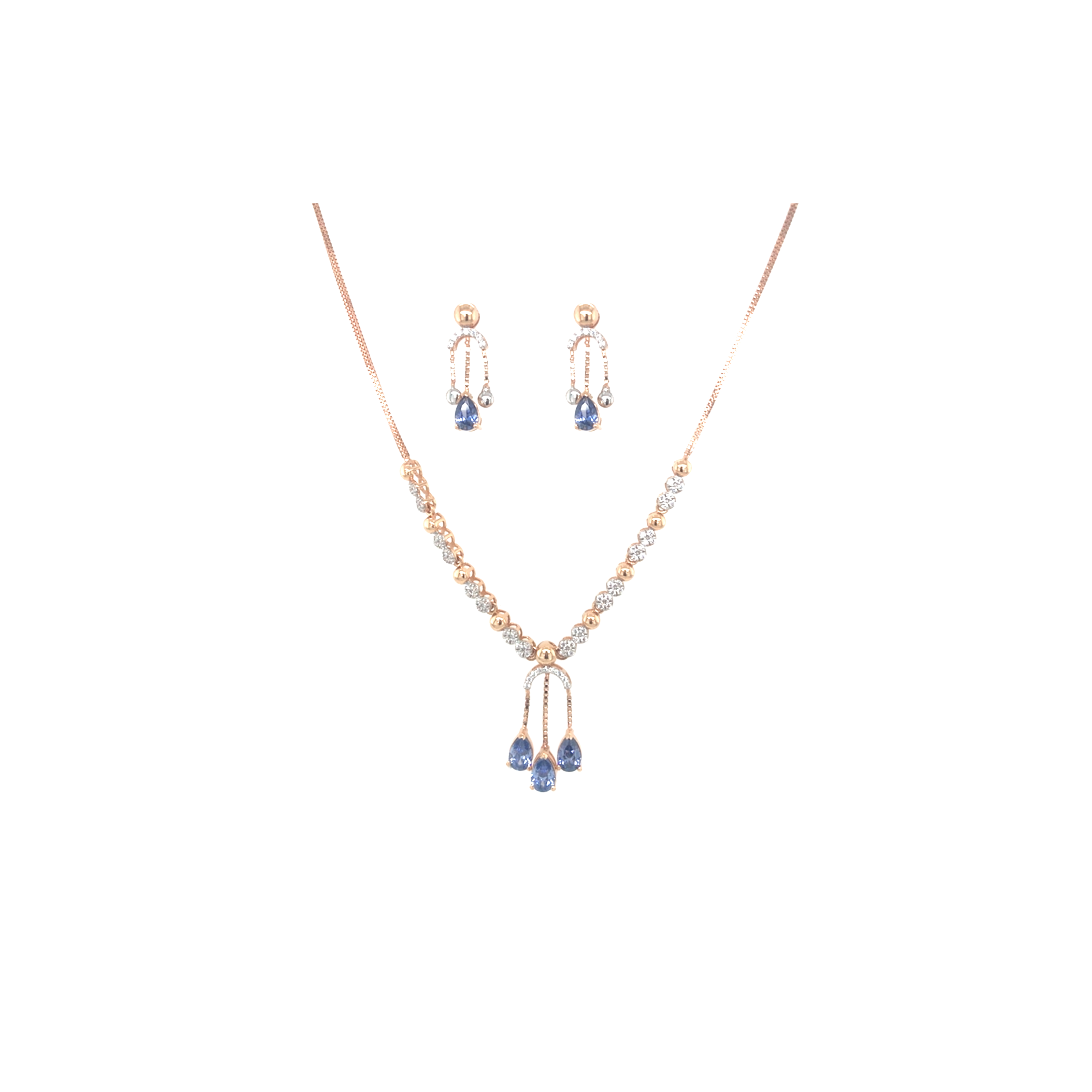 18KT Gold Diamond Necklace Set with Blue Stone Drops
